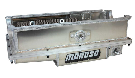 Moroso Aluminum Rear Sump 8 Qt. Oil Pan - 8 in Deep - One 16 AN Female Left Side Pickup - 2-Piece Seal - Small Block Ford