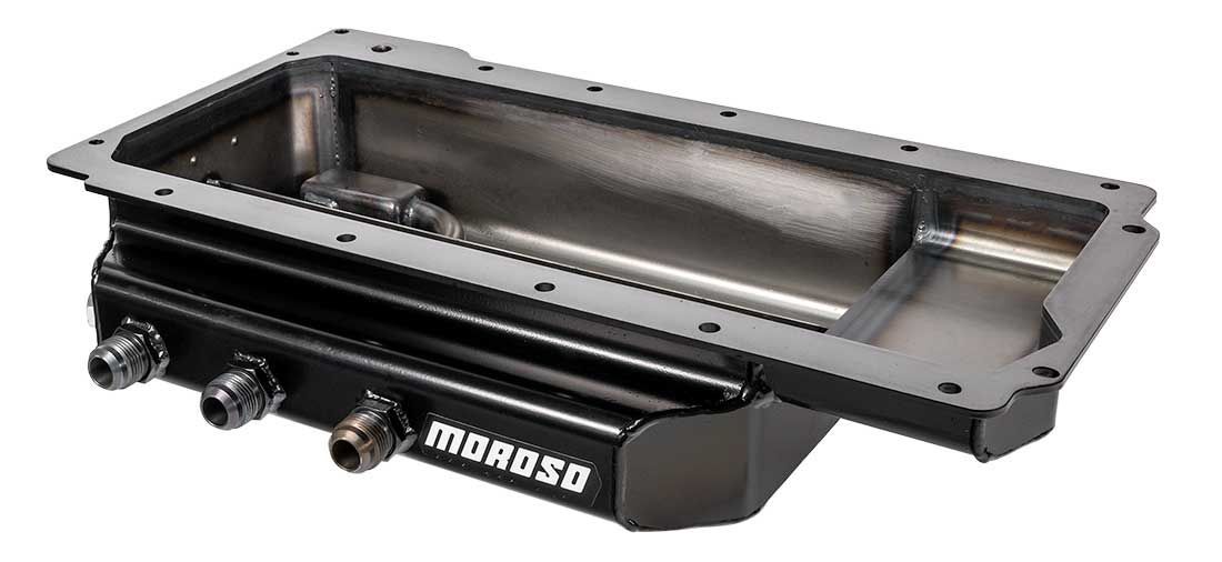 Moroso Dry Sump Oil Pan - 4 in Deep - Three 12 AN Male Right Side Pickups - Black - GM LS-Series