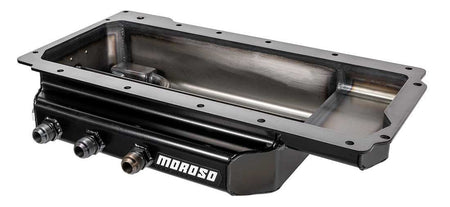Moroso Dry Sump Oil Pan - 4 in Deep - Three 12 AN Male Right Side Pickups - Black - GM LS-Series