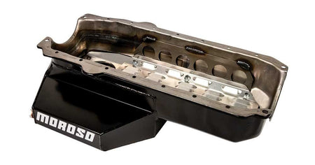 Moroso Rear Sump 7 Qt. Oil Pan - 6.5 in Deep - Black - 2-Piece Seal - Small Block Chevy