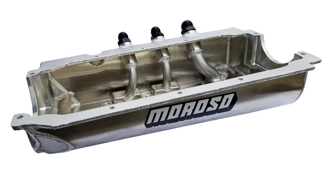 Moroso Aluminum Dry Sump Oil Pan - 6.5 in Deep - Two 12 AN / One 16 AN Female Right Side Pickups - 2-Piece Seal - Rocket Block - Small Block Chevy