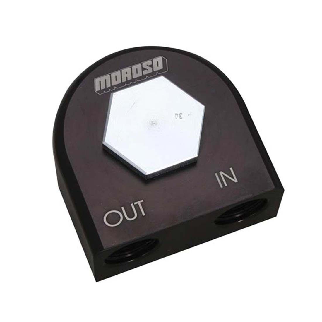 Moroso Bypass Oil Filter Adapter - 13/16-16 in Center Thread - 10 AN Female Inlet - 10 AN Female Outlet - 2-5/8 in O-Ring - Black