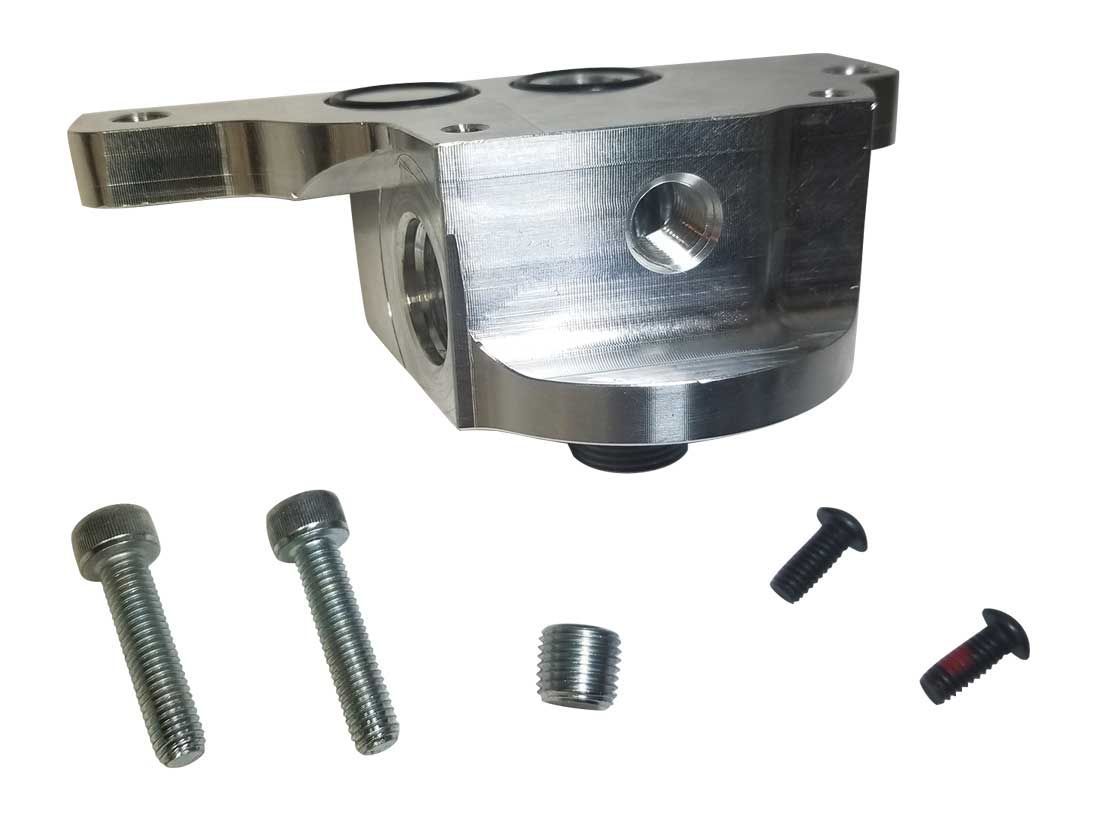Moroso Spin On Filter 22 mm x 1.50 Center Thread Oil Filter Adapter - 10 AN Female Inlet - 1/4 in NPT Female Port - Clear - GM LS-Series