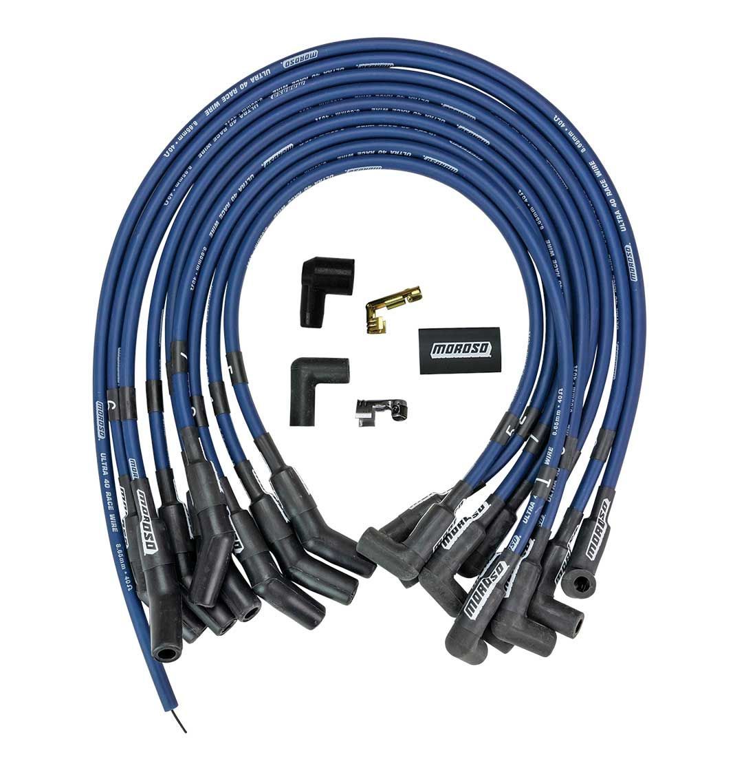 Moroso Ultra 40 Spark Plug Wire Set - Spiral Core - 8.65 mm - Blue - 135 Degree Plug Boots - HEI Style Terminal - Big Block Ford