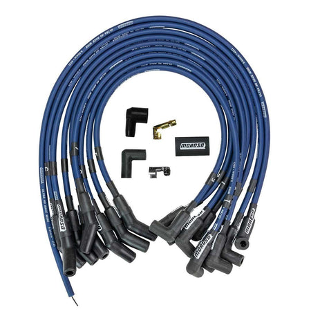 Moroso Ultra 40 Spark Plug Wire Set - Spiral Core - 8.65 mm - Blue - 135 Degree Plug Boots - HEI Style Terminal - Big Block Ford