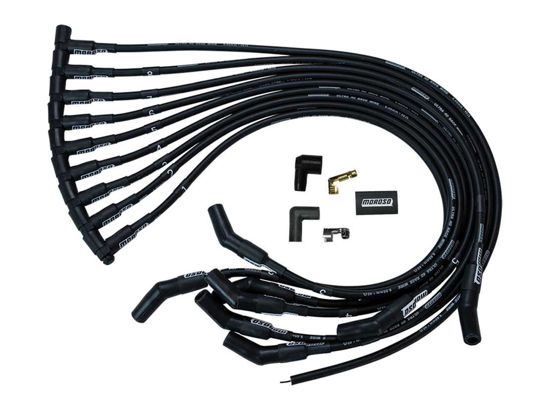 Moroso Ultra 40 Spark Plug Wire Set - Spiral Core - 8.65 mm - Black - 135 Degree Plug Boots - HEI Style Terminal - Small Block Ford 73716