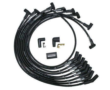 Moroso Ultra 40 Spark Plug Wire Set - Spiral Core - 8.65 mm - Black - 135 Degree Plug Boots - HEI Style Terminal - Big Block Ford