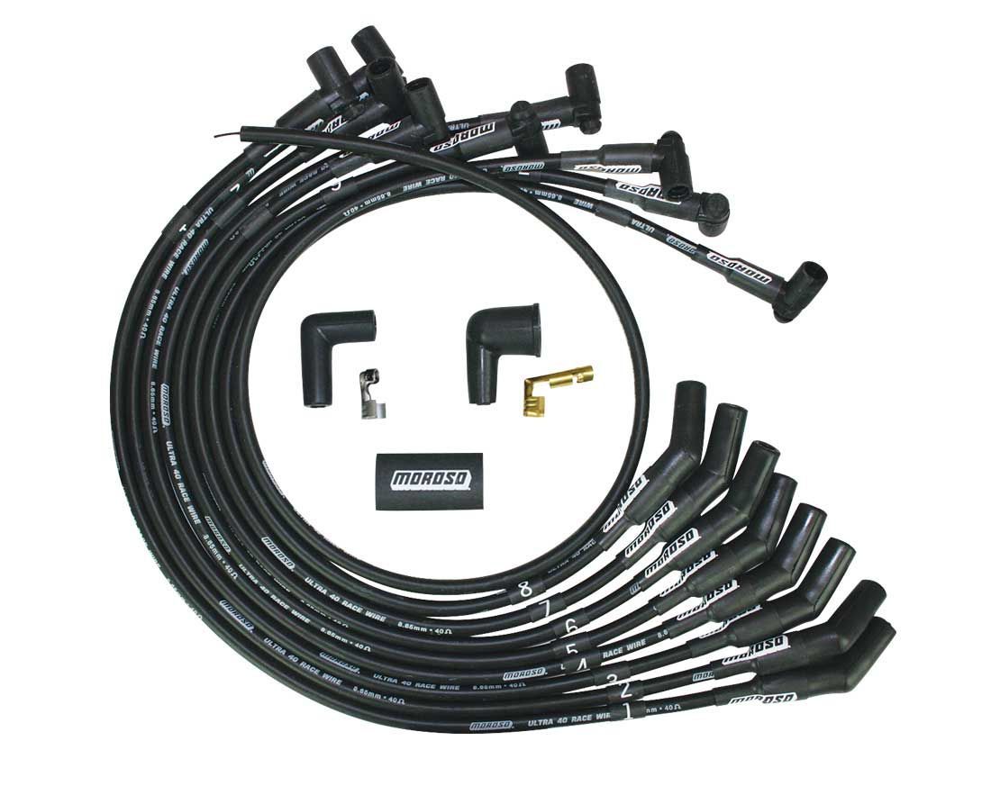 Moroso Ultra 40 Spark Plug Wire Set - Spiral Core - 8.65 mm - Black - 135 Degree Plug Boots - HEI Style Terminal - Small Block Ford 73718