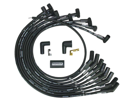 Moroso Ultra 40 Spark Plug Wire Set - Spiral Core - 8.65 mm - Black - 135 Degree Plug Boots - HEI Style Terminal - Small Block Ford 73718