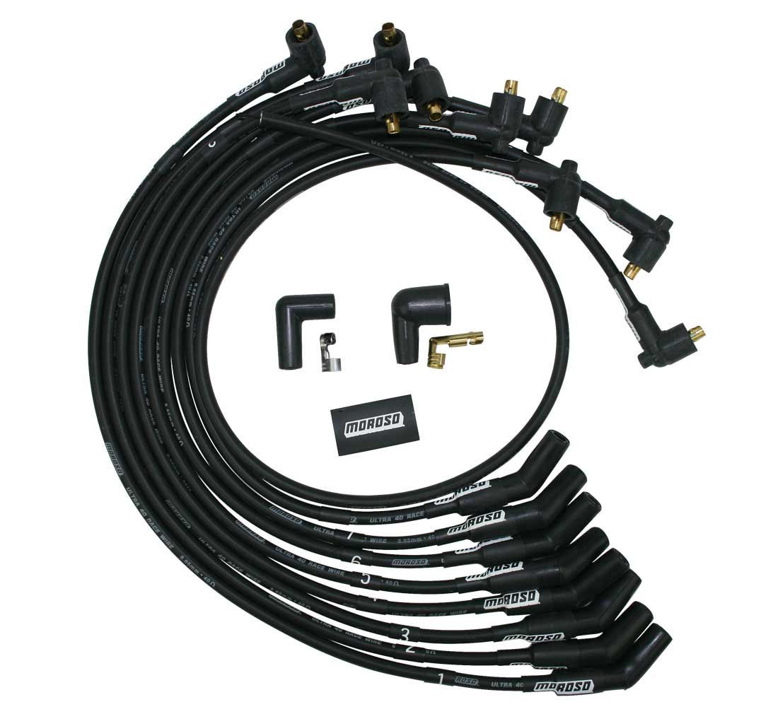 Moroso Ultra 40 Spark Plug Wire Set - Spiral Core - 8.65 mm - Black - 135 Degree Plug Boots - Socket Style Terminal - Small Block Ford