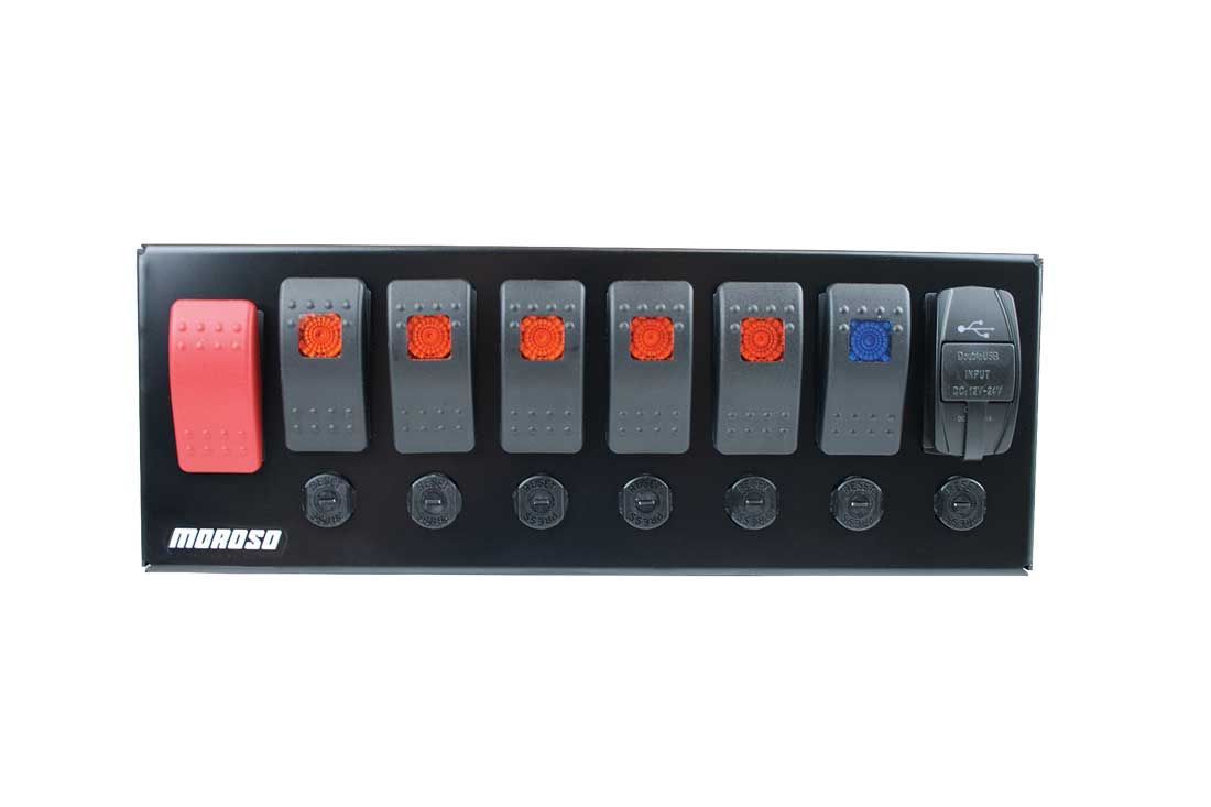 Moroso Roll Bar Mount Switch Panel - 10.125 x 3.5 in - 5 Rockers / 1 Momentary Rocker / 1 Dual USB Port - 20 amps Breakers