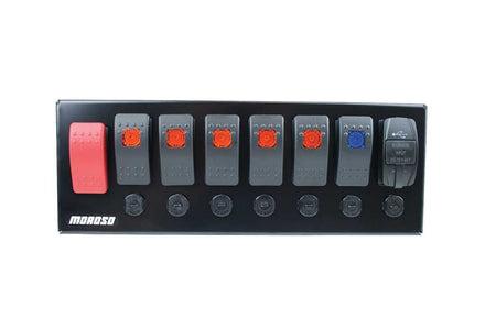 Moroso Roll Bar Mount Switch Panel - 10.125 x 3.5 in - 5 Rockers / 1 Momentary Rocker / 1 Dual USB Port - 20 amps Breakers