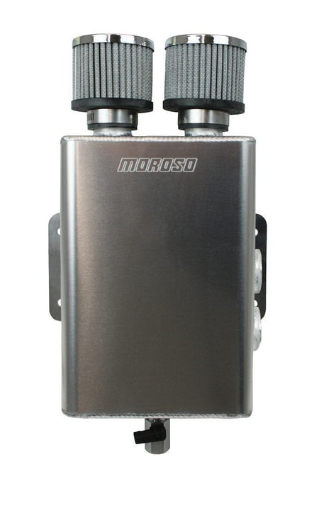 Moroso Air-Oil Separator - 7 in x 4 in - 11 in Tall - Dual 16 AN Female Inlets - 3/8 in NPT Ball Valve Drain