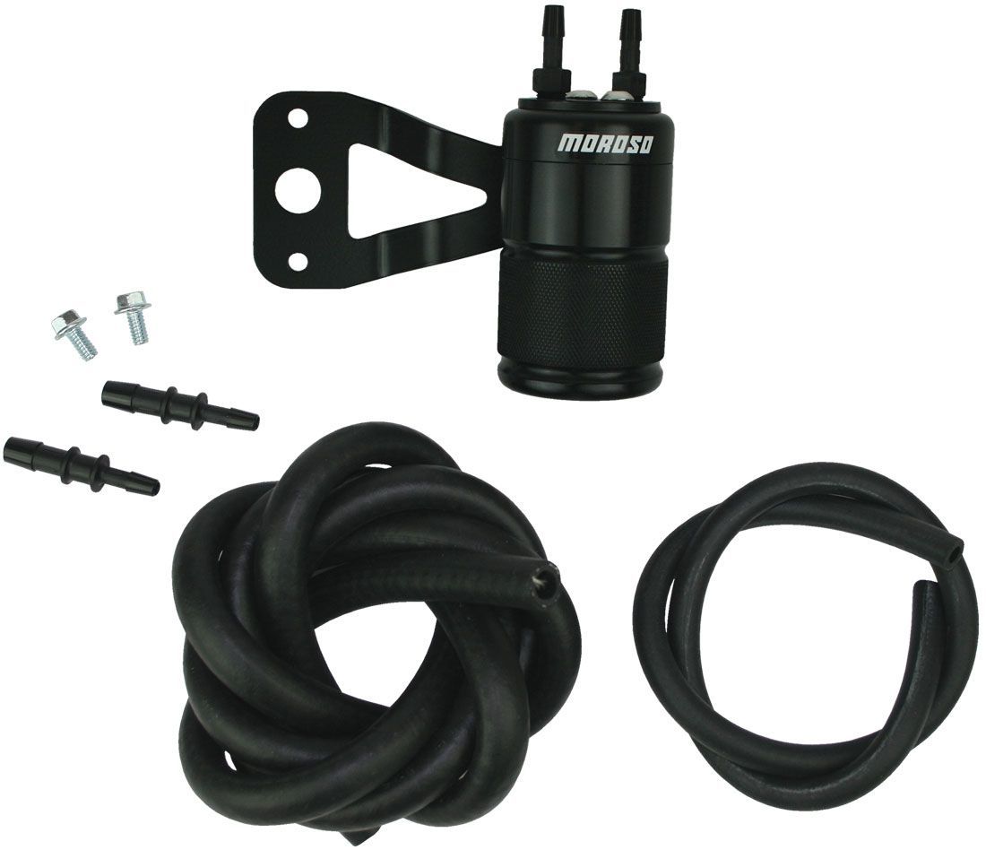 Moroso Air-Oil Separator - 2.25 in Diameter - 3.63 in Tall - 3/8 in Hose Barb Inlet / Outlet - Black - Harley Davidson Twin Cam Sportster