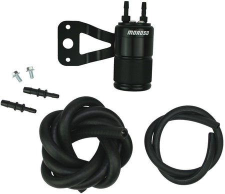 Moroso Air-Oil Separator - 2.25 in Diameter - 3.63 in Tall - 3/8 in Hose Barb Inlet / Outlet - Black - Harley Davidson Twin Cam Sportster