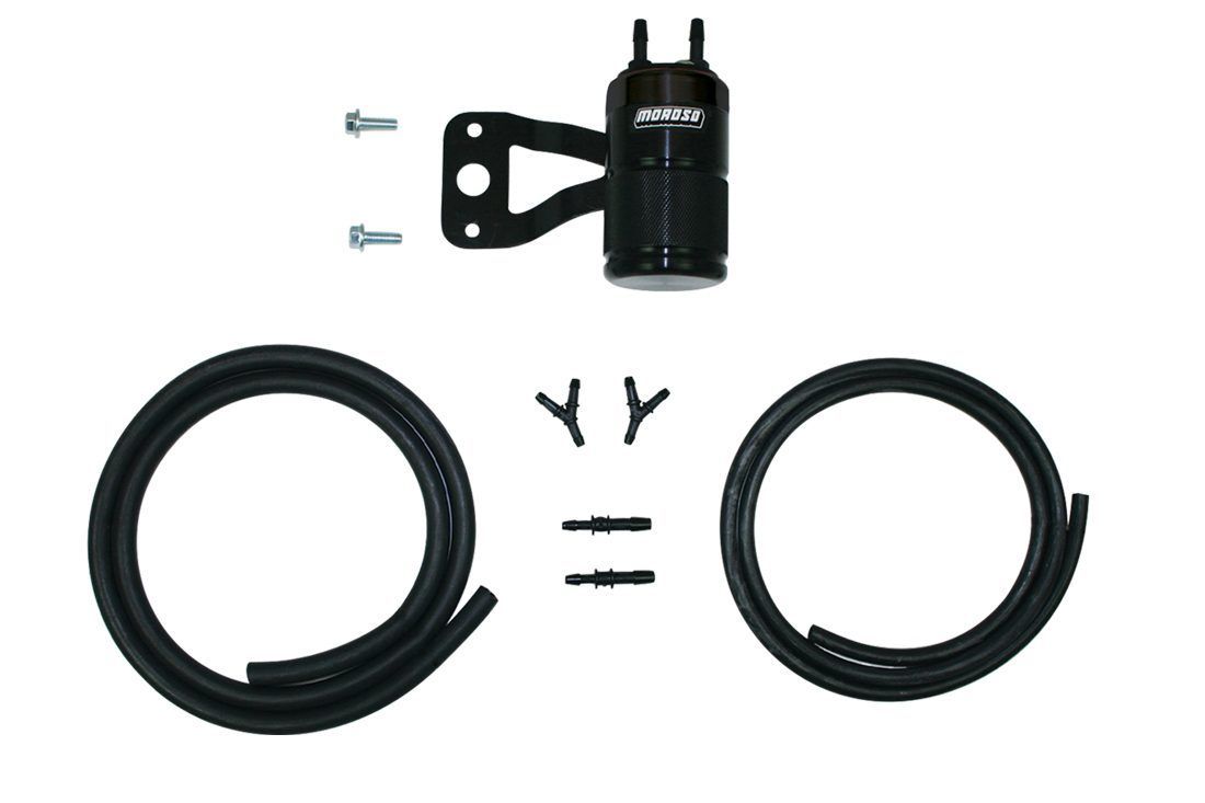 Moroso Air-Oil Separator - 2.25 in Diameter - 3.63 in Tall - 3/8 in Hose Barb Inlet / Outlet - Black - Harley Davidson Milwaukee 8