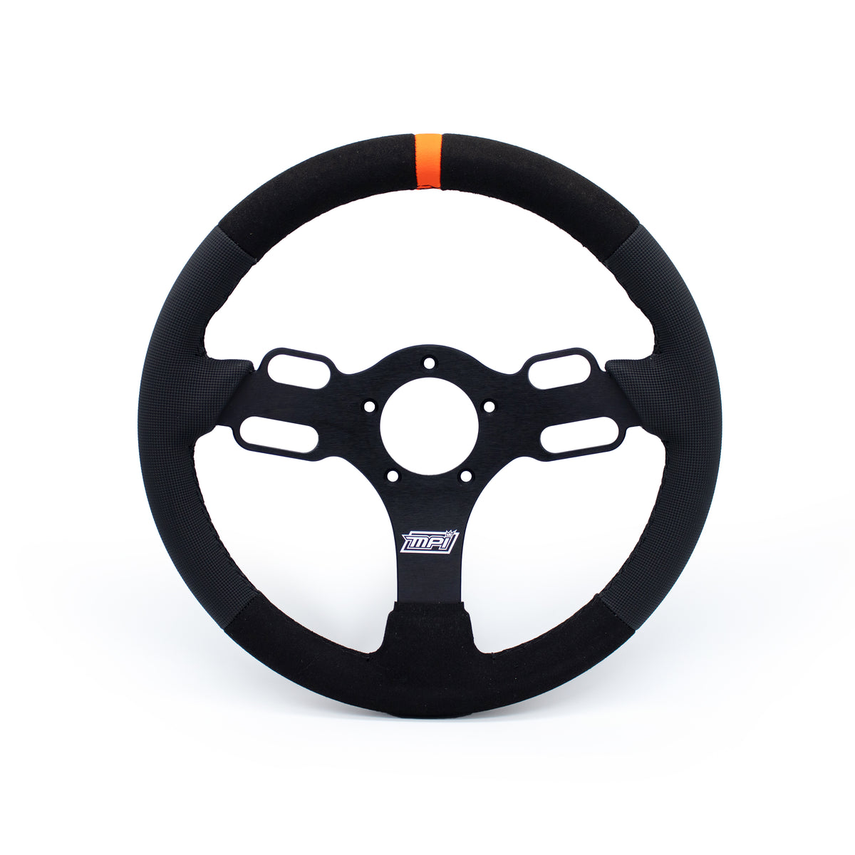 MPI Drag Race Aluminum Steering Wheel - 13 in Diameter - 1.25 in Dish - 3-Spoke - Black Synthetic Grip - Orange Stripe - Black