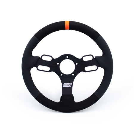MPI Drag Race Aluminum Steering Wheel - 13 in Diameter - 1.25 in Dish - 3-Spoke - Black Synthetic Grip - Orange Stripe - Black