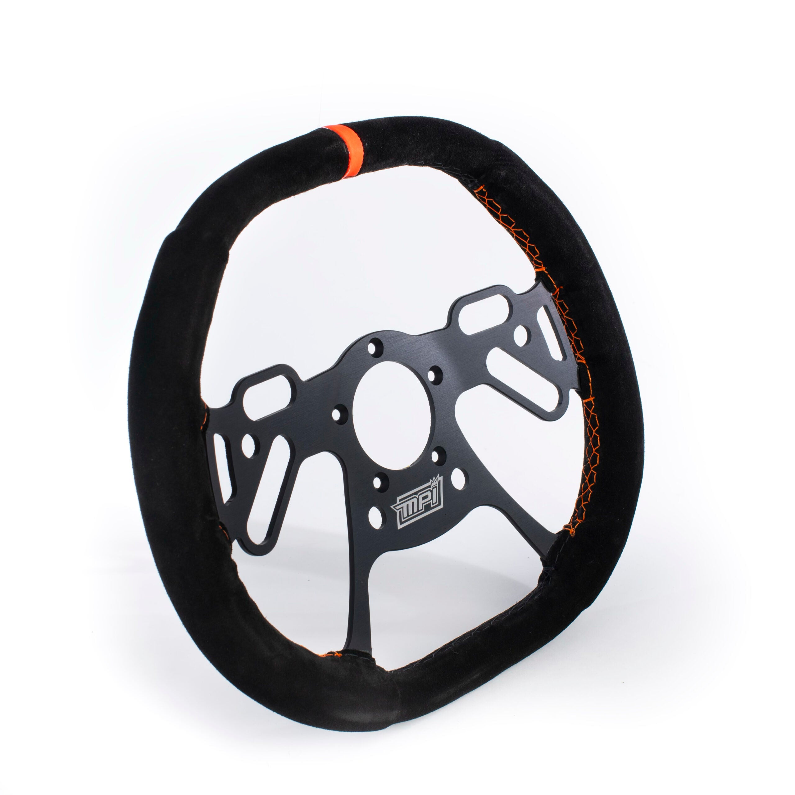 MPI Drag Race Steering Wheel - 13 in Diameter - Flat Top / Bottom - 4-Spoke - Orange Stripe - Black