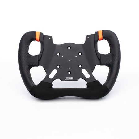 MPI Road Course / Formula Prototype Steering Wheel - 11 in Diameter - Cut Top - Flat - Orange Stripe - Black Alcantara Grip - Black