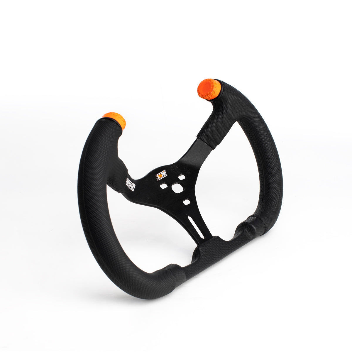 MPI Karting Steering Wheel - 13 in Diameter - 2.5 in Dish - 15 Degree Tilt - Rubber Grip - Orange Stripe - Black