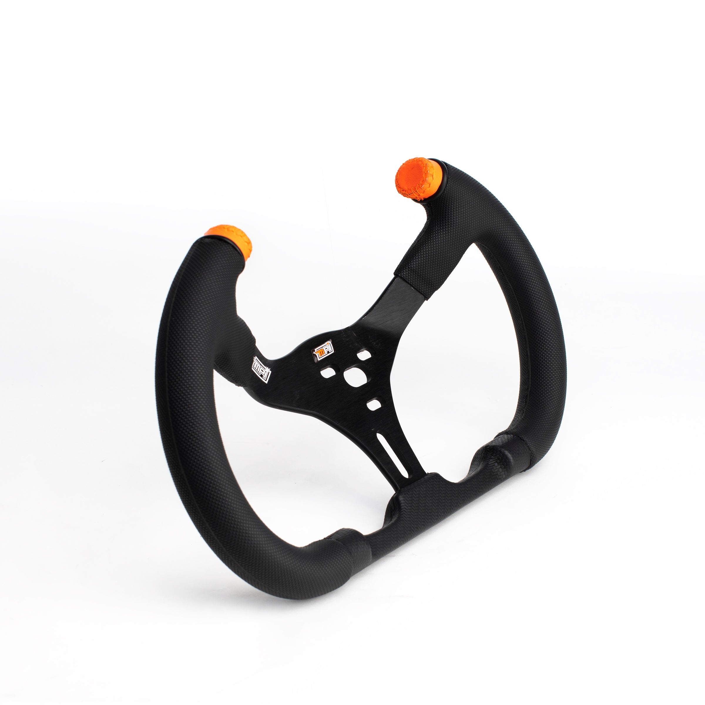MPI Karting Steering Wheel - 13 in Diameter - 2.5 in Dish - 15 Degree Tilt - Rubber Grip - Orange Stripe - Black