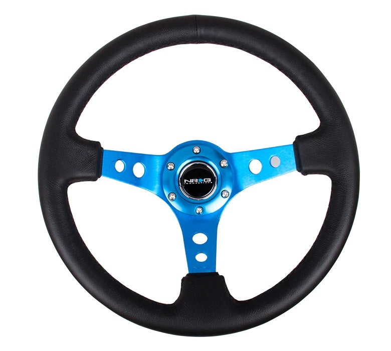 NRG Innovations Lightweight Steering Wheel - 350 mm Diameter - 75 mm Dish - Black Leather Grip - Blue