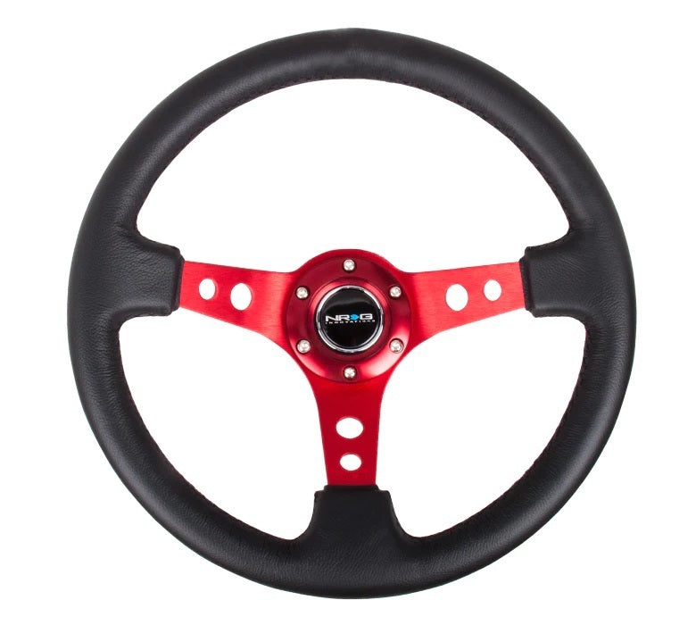 NRG Innovations Lightweight Steering Wheel - 350 mm Diameter - 75 mm Dish - Black Leather Grip - Red