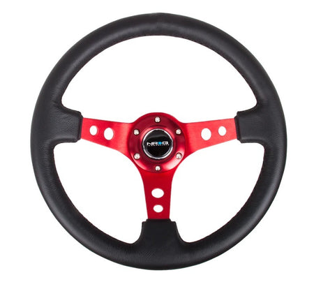 NRG Innovations Lightweight Steering Wheel - 350 mm Diameter - 75 mm Dish - Black Leather Grip - Red
