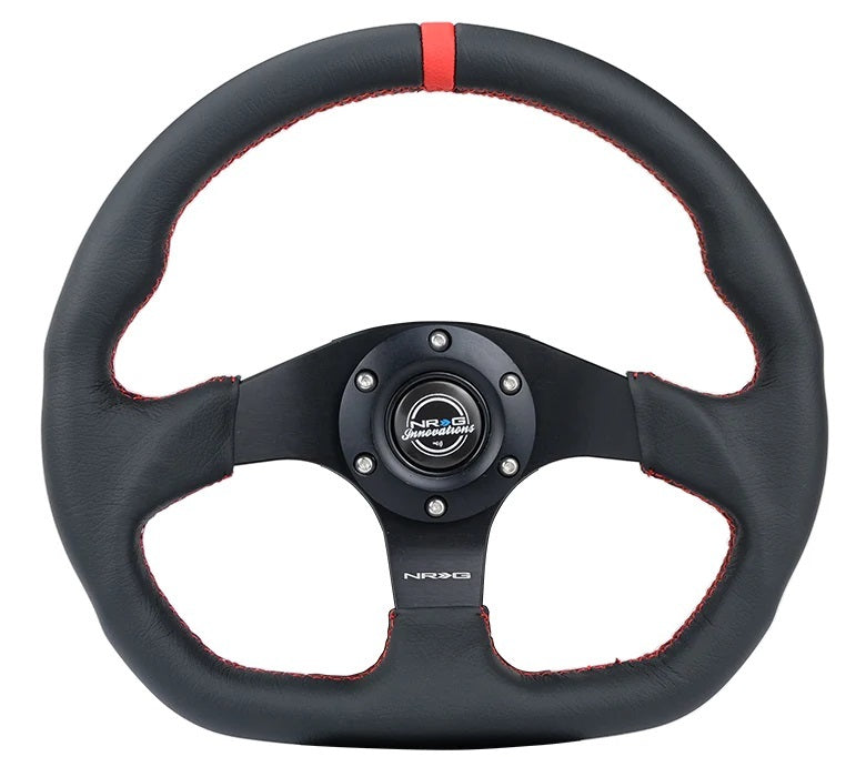 NRG Innovations Lightweight Steering Wheel - 320 mm Diameter - Flat - Black Leather Grip - Red Stripe - Black