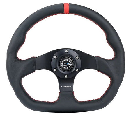 NRG Innovations Lightweight Steering Wheel - 320 mm Diameter - Flat - Black Leather Grip - Red Stripe - Black