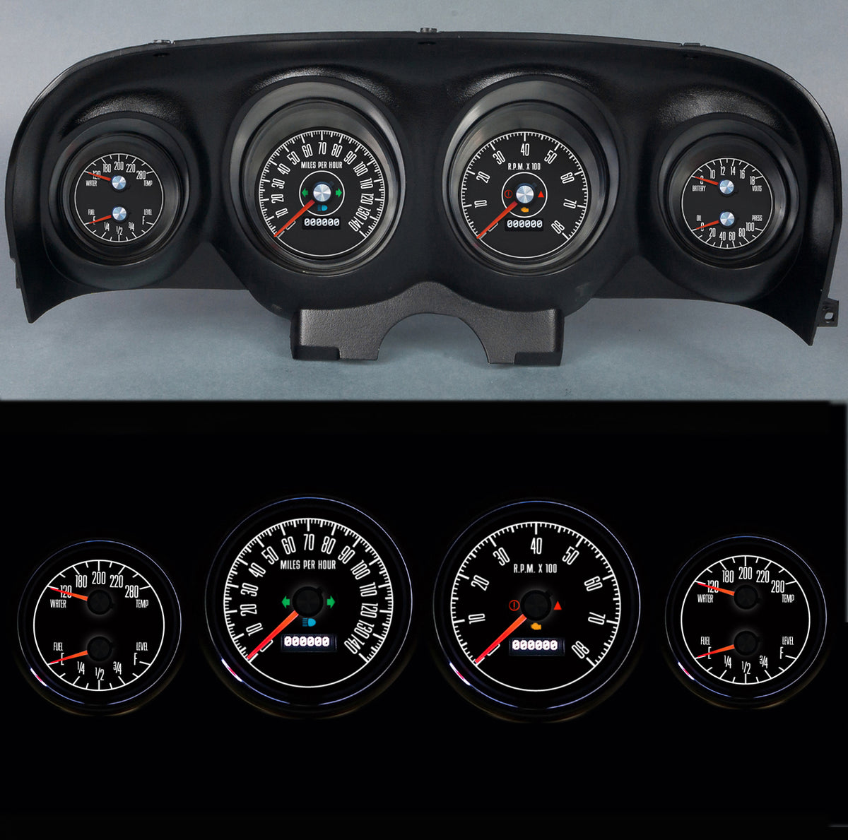 New Vintage USA M-153 Series Gauge Kit - Black Face - Ford Mustang 1969-70