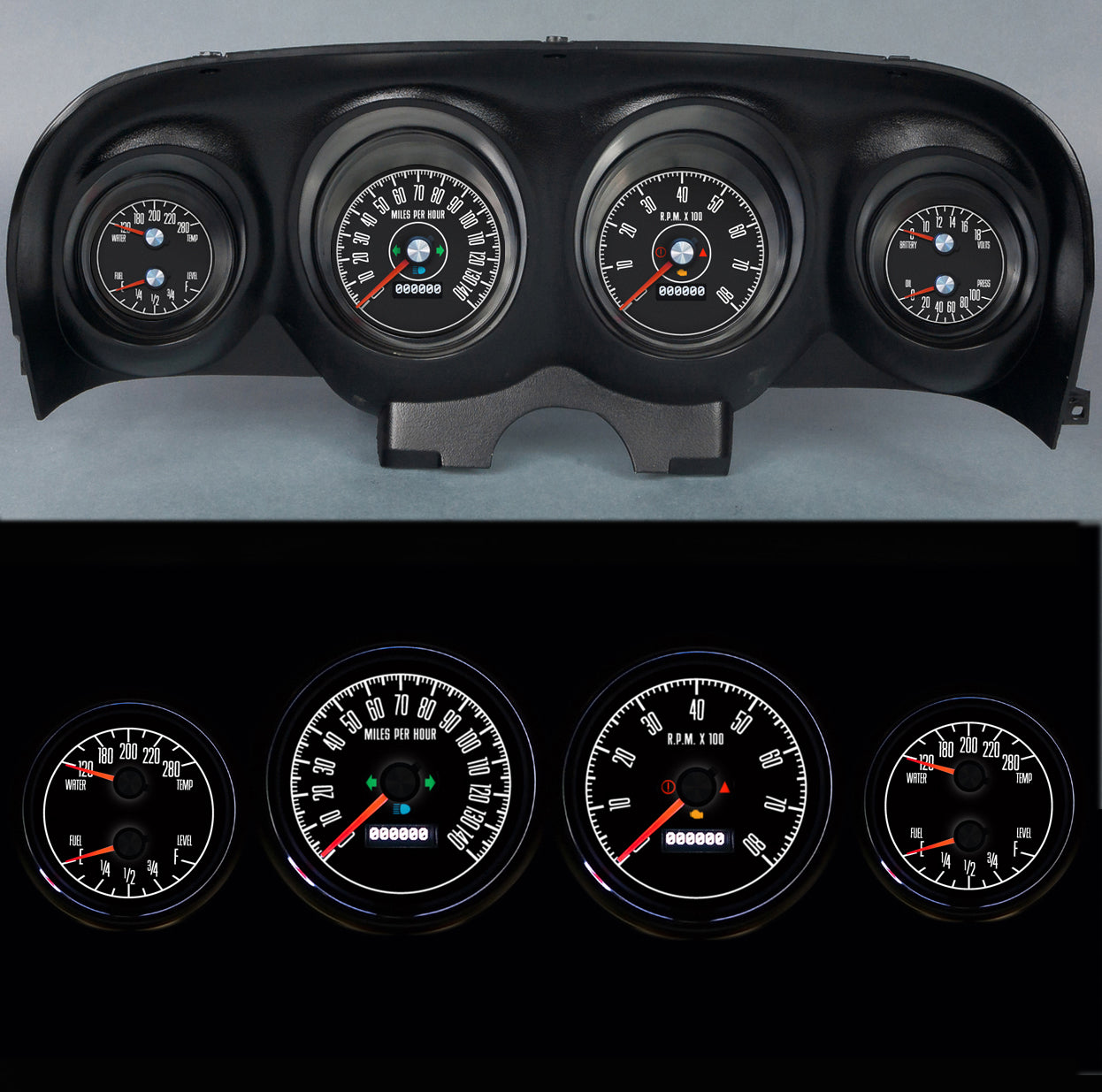 New Vintage USA M-153 Series Gauge Kit - Black Face - Ford Mustang 1969-70