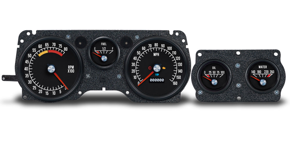 New Vintage USA Retro-Series Gauge Kit - Fuel / OP / Speedometer / Tach / Volt / WT - Black Face - GM F-Body 1970-81