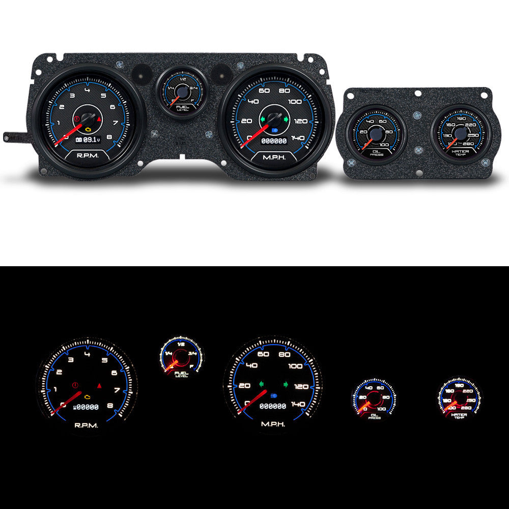New Vintage USA CFR Blue Gauge Kit - Black / Blue Face - GM F-Body 1970-81