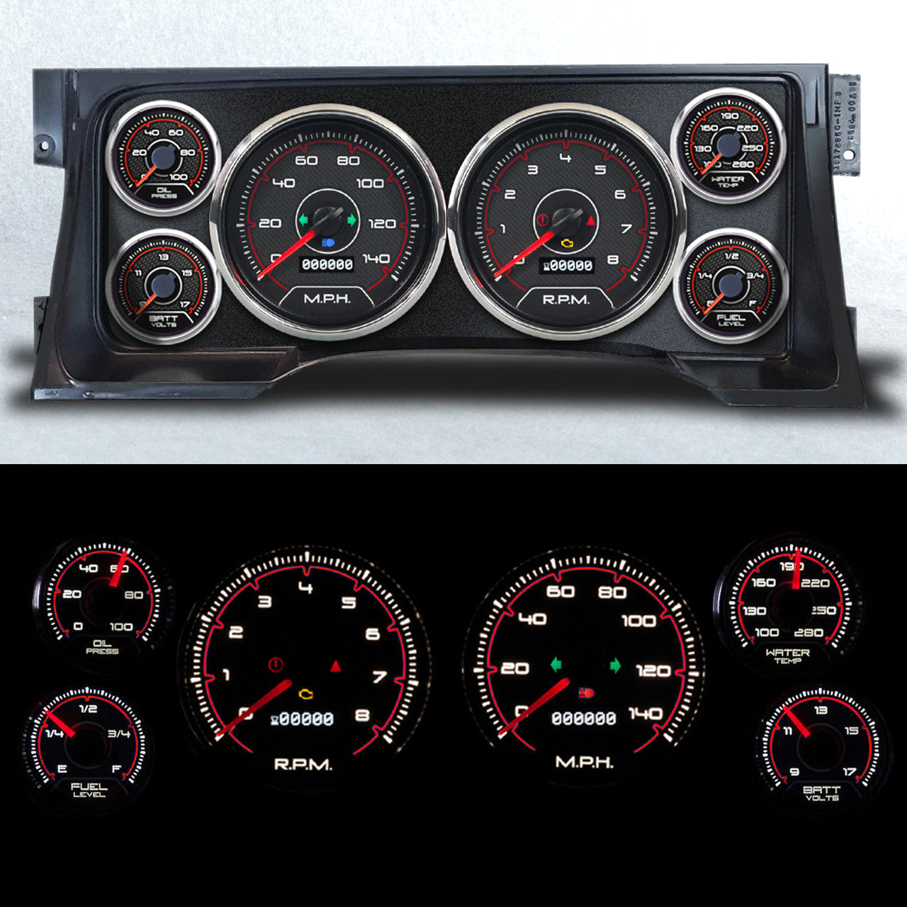 New Vintage USA CFR Red Gauge Kit - Fuel / OP / WT / Volt / Tach / Speedometer - Black / Red Face - GM Fullsize Truck 1995-98