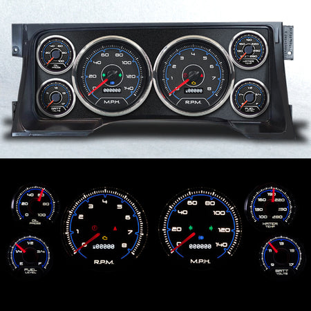 New Vintage USA CFR Blue Gauge Kit - Fuel / OP / WT / Volt / Tach / Speedometer - Black / Blue Face - GM Fullsize Truck 1995-98