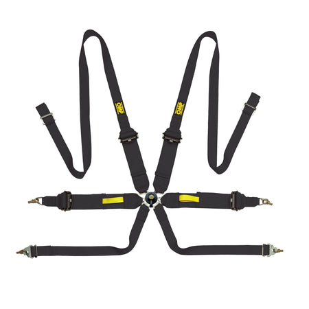 OMP Racing Tecnica 3 6-Point Camlock Harness - Pull Up Adjust - Clip-In / Wrap Around - Black