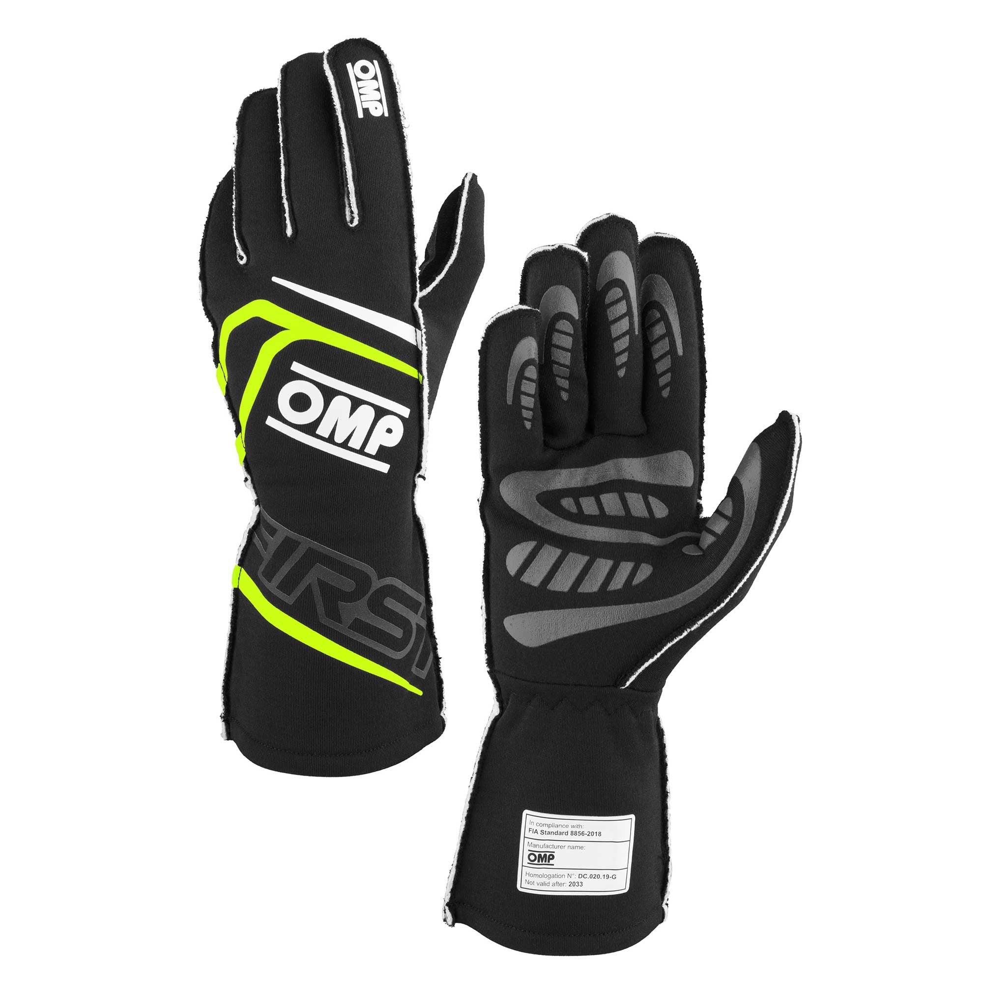OMP Racing First Gloves FIA 8856-2018 - Black/Fluorescent Yellow
