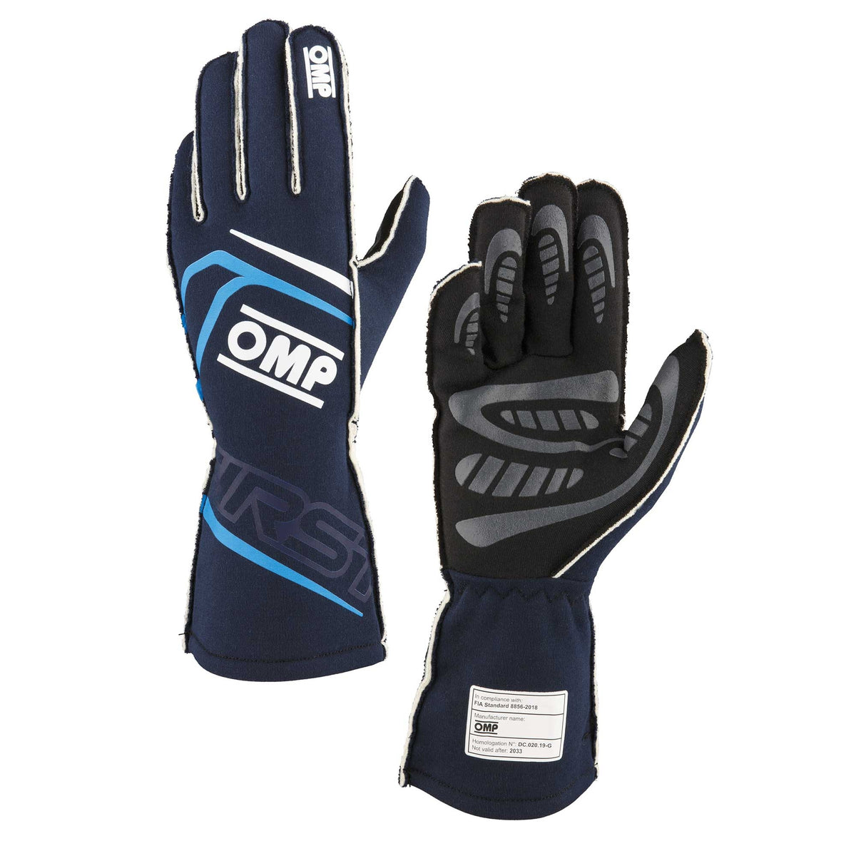 OMP Racing First Gloves FIA 8856-2018 - Navy Blue/Cyan