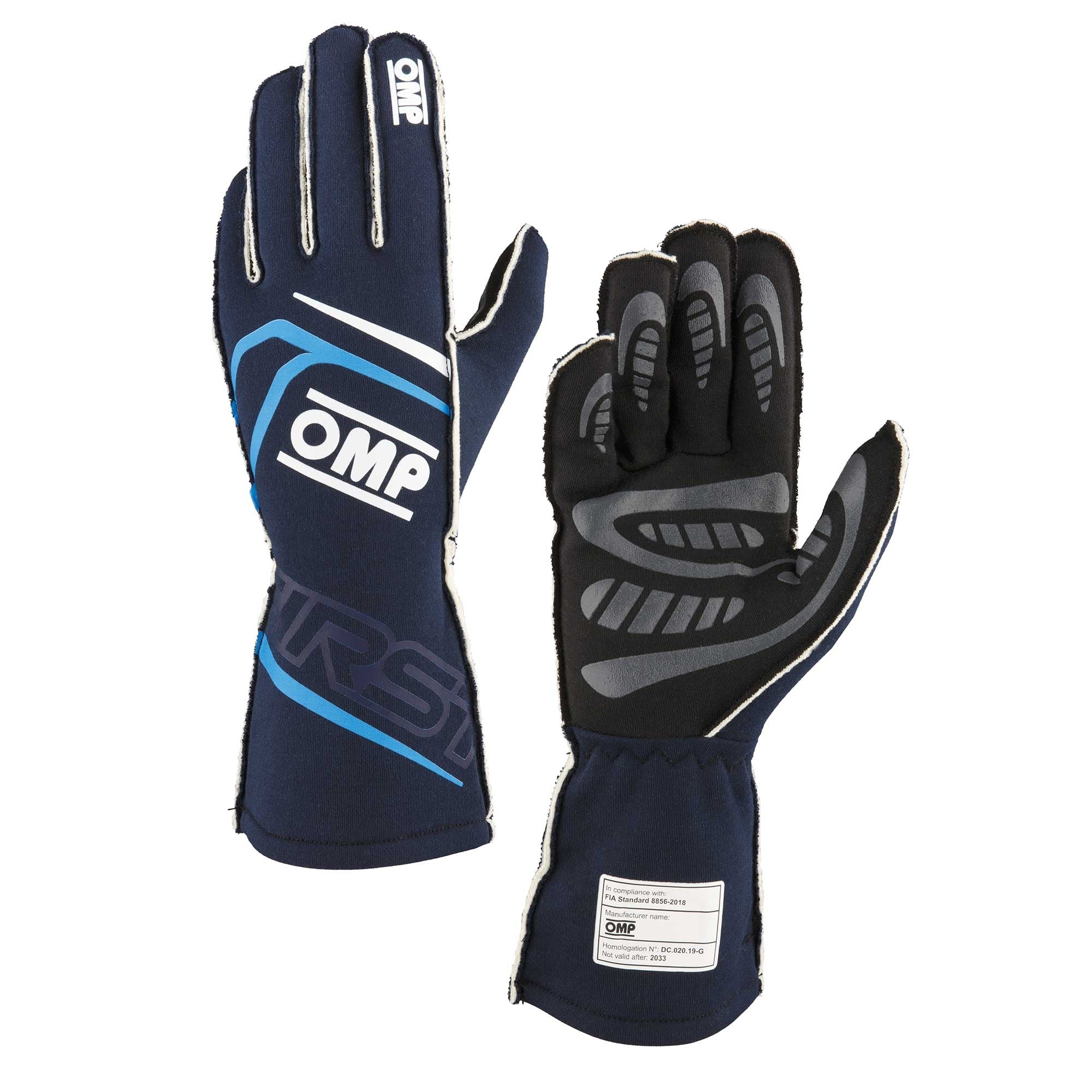 OMP Racing First Gloves FIA 8856-2018 - Navy Blue/Cyan