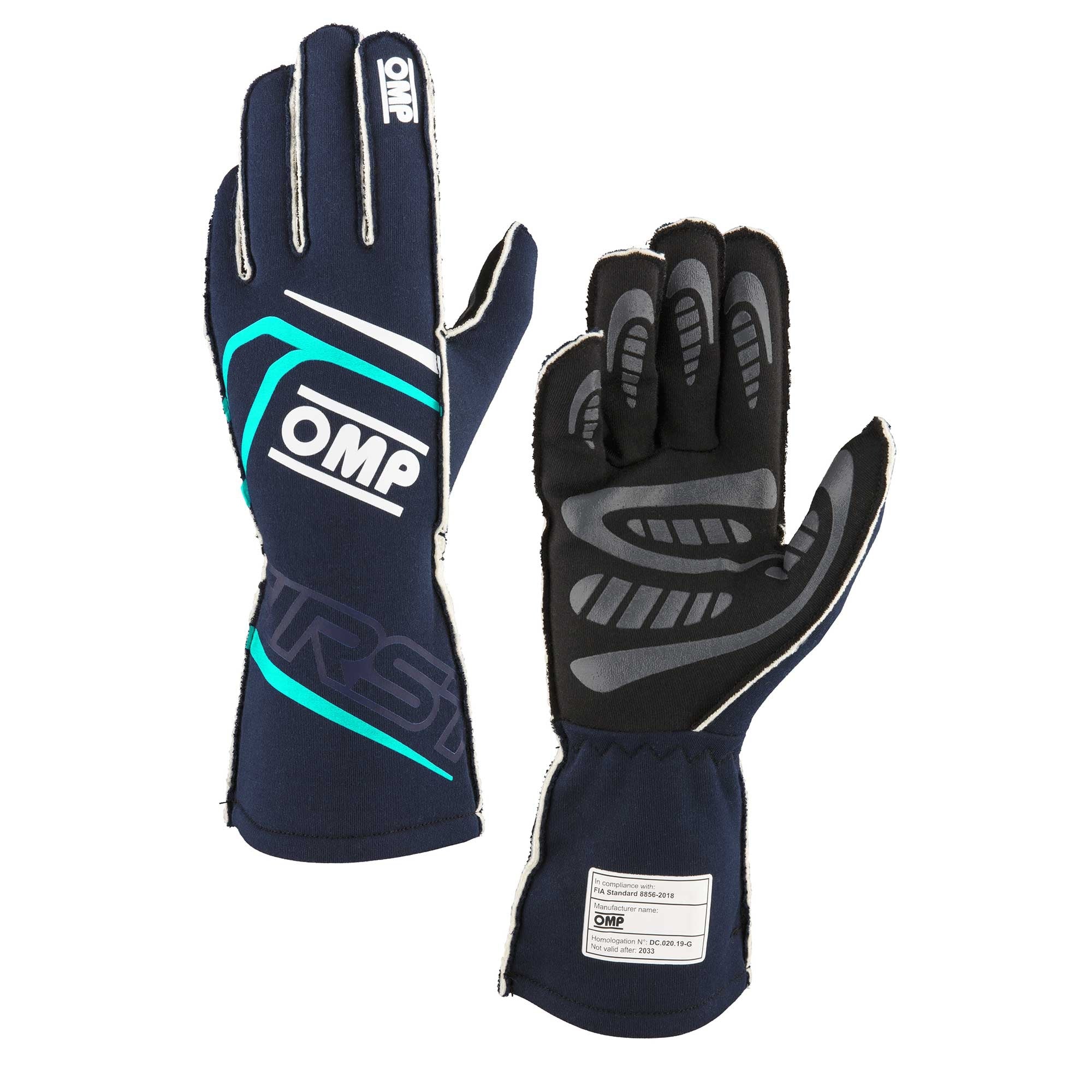 OMP Racing First Gloves FIA 8856-2018 - Navy Blue/Tiffany Blue