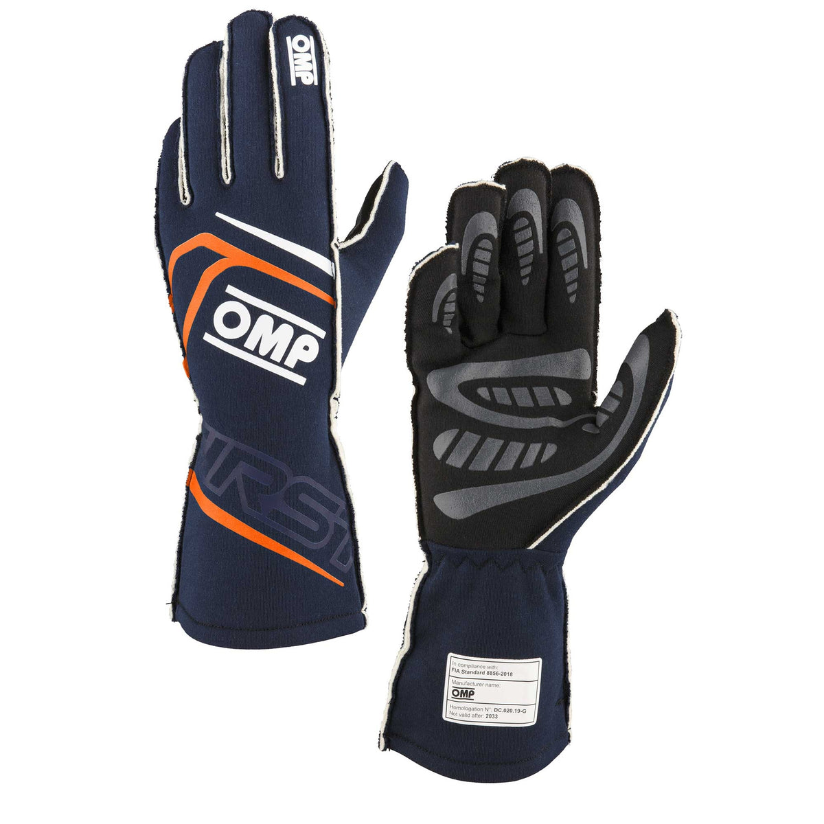 OMP Racing First Gloves FIA 8856-2018 - Navy Blue/Fluorescent Orange