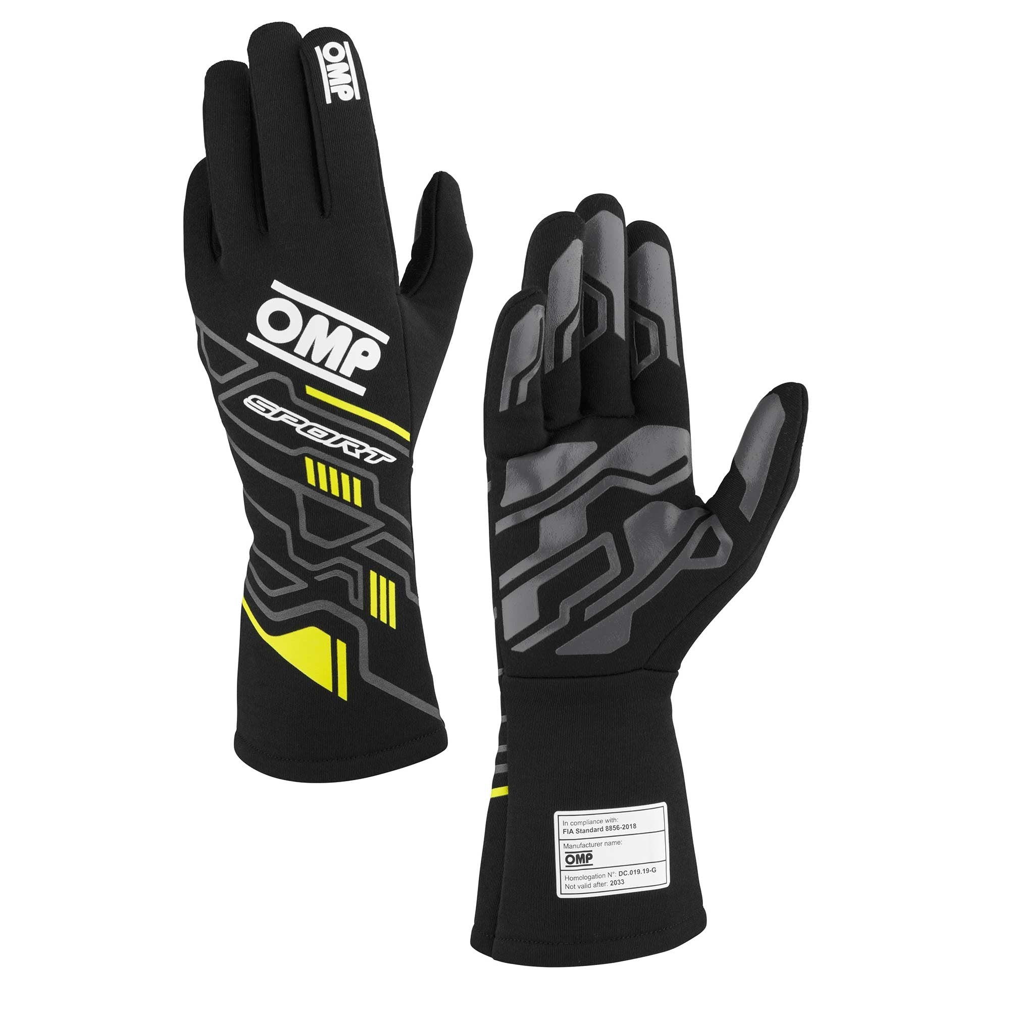 OMP Racing Sport FIA 8856-2018 Gloves - Black/Fluorescent Yellow