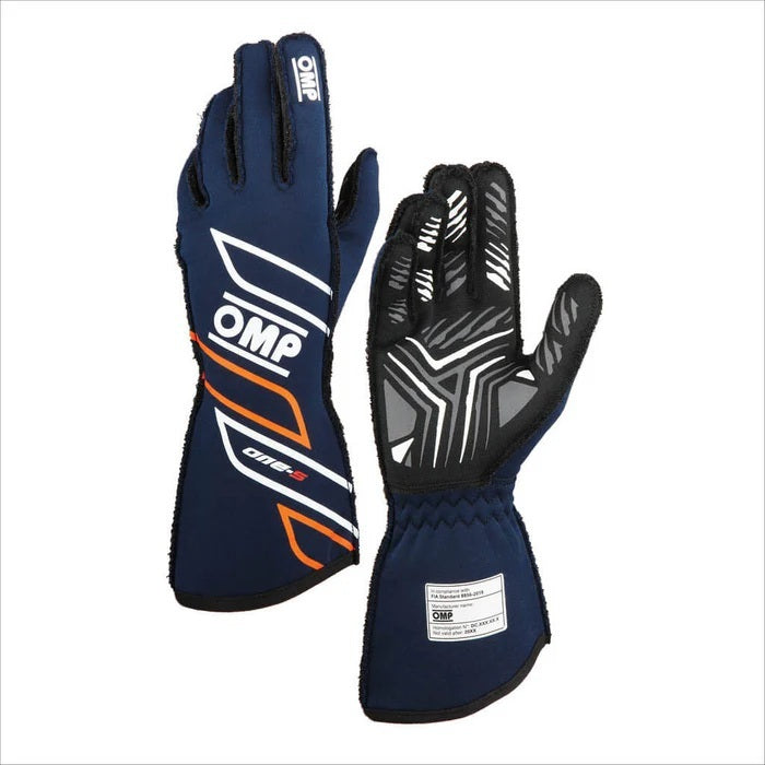 OMP Racing One-S my2025 FIA 8856-2018 Gloves - Navy Blue/Fluorescent Orange