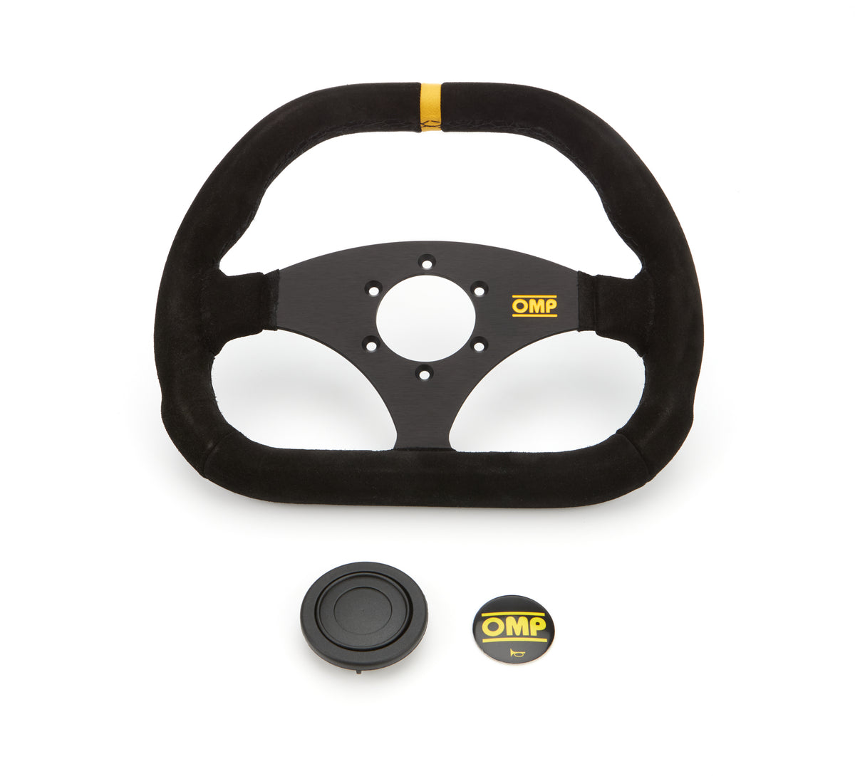 OMP Kubik Steering Wheel - 310 x 265 mm Diameter - Flat - Black Suede Grip - Yellow Stripe - Black