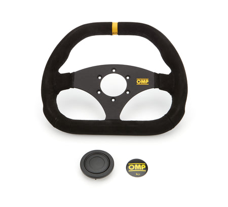 OMP Kubik Steering Wheel - 310 x 265 mm Diameter - Flat - Black Suede Grip - Yellow Stripe - Black