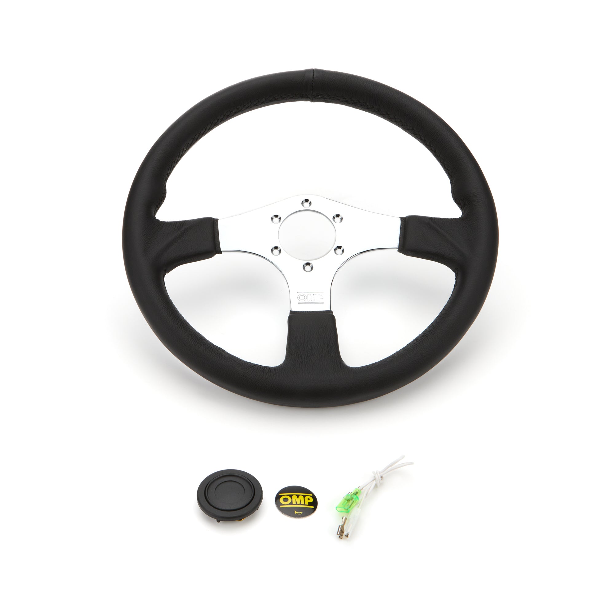 OMP ASSO Steering Wheel - 350 mm Diameter - Flat - Black Leather Grip - Chrome