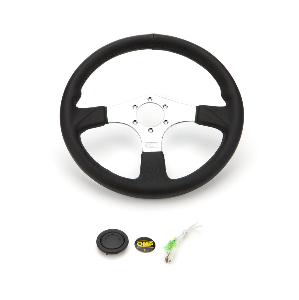 OMP ASSO Steering Wheel - 350 mm Diameter - Flat - Black Leather Grip - Chrome