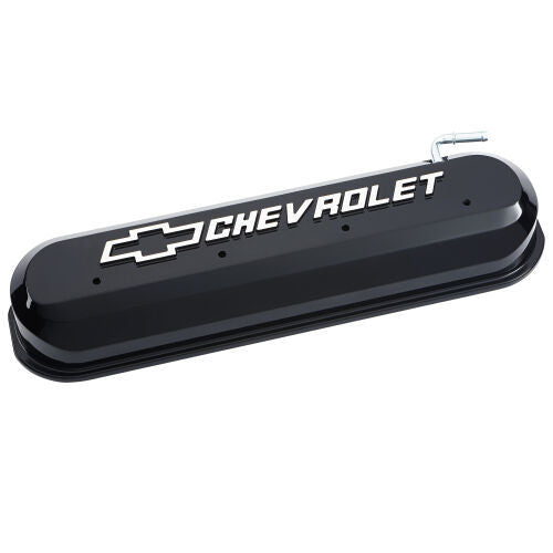 Proform LS Slant-Edge Tall Aluminum Valve Cover - Baffled - PCV Tube - Raised Chevrolet Bowtie Logo - Black - GM LS-Series (Pair)